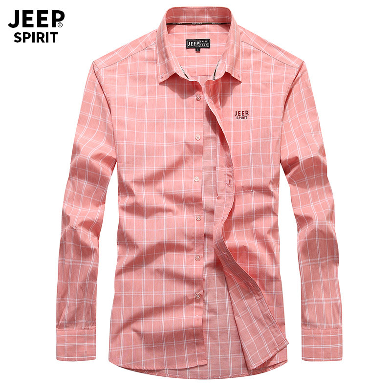 JEEP/吉普2019秋季新款简约格子衬衫男长袖衬衣休闲百搭男装长袖衬衫A245 XXXL 粉色
