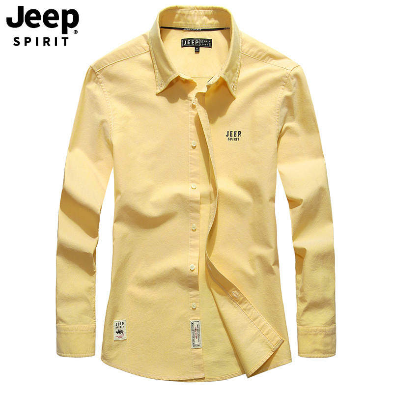 JEEP/吉普秋季新品男士时尚休闲衬衫商务正装简约个性纯色立领百搭长袖衬衫A245 M 黄色