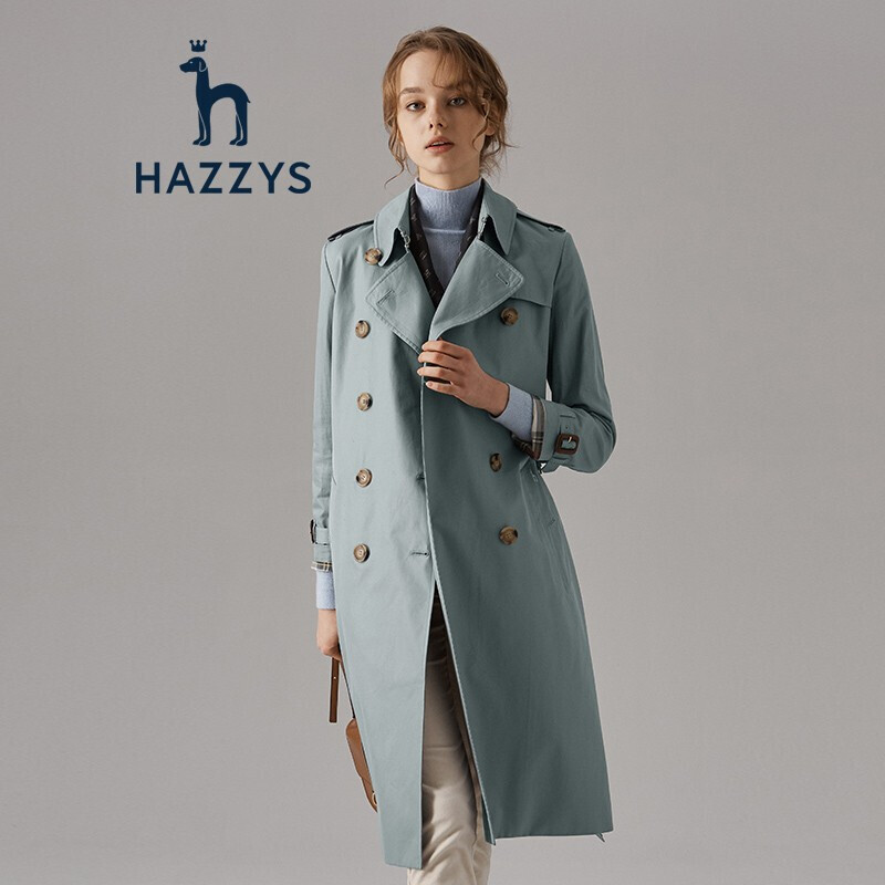 哈吉斯HAZZYS2019年秋季英伦纯色简约女士修身中长款双排扣风衣 170/92A42 蓝灰色GL