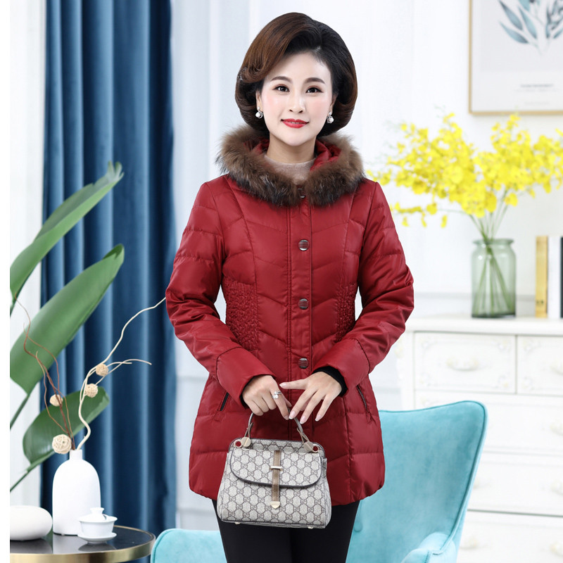 雪暖妈妈装羽绒服女装中长款修身中老年羽绒服连帽女装 暗红 185