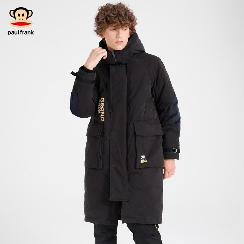 PaulFrank/大嘴猴秋冬羽绒服男韩版连帽中长款字母印花外套X XXL 黑色