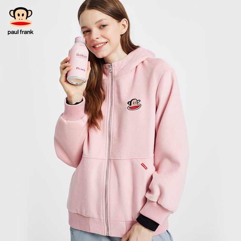PaulFrank/大嘴猴2019秋冬新款毛呢外套女韩版连帽绣花潮流大衣 XL 粉红