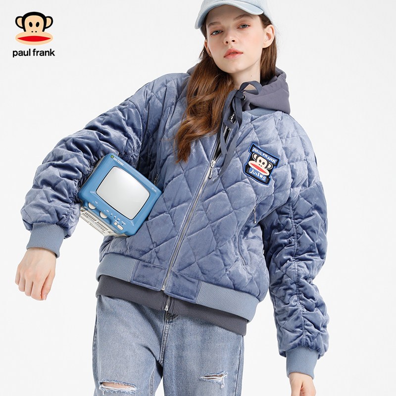 PaulFrank/大嘴猴秋冬2019羽绒服女宽松韩版假两件连帽大衣X M 蓝灰色