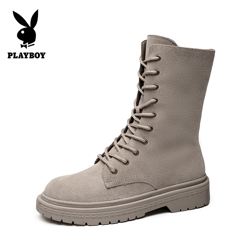 PLAYBOY/花花公子冬季加绒中筒休闲时尚纯色系带圆头短靴沙漠网红短靴女K12299216 杏色 38码
