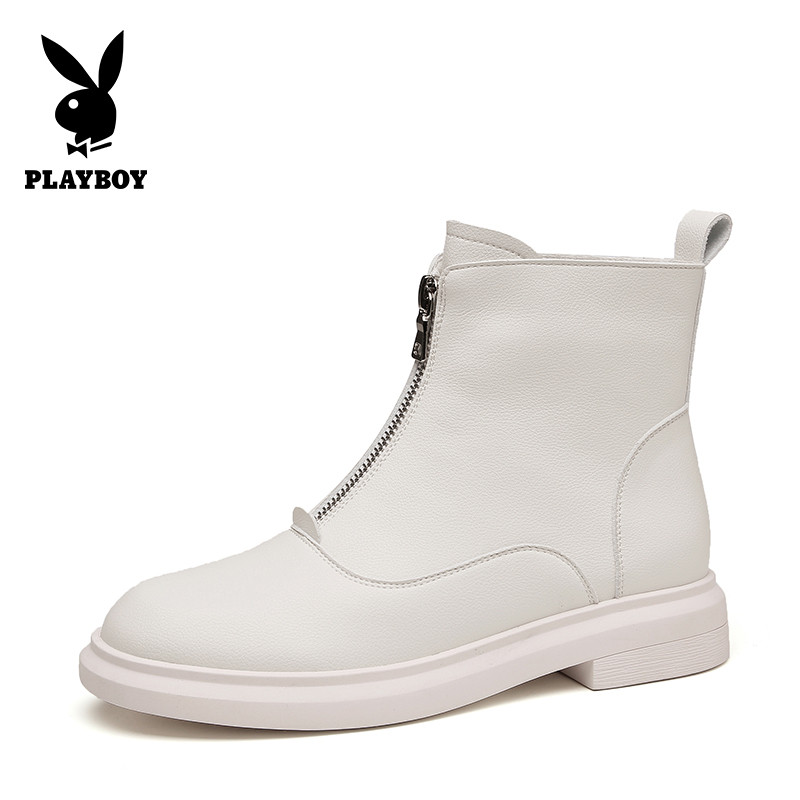 PLAYBOY/花花公子冬季加绒休闲韩版纯色前拉链设计圆头粗跟时尚短靴女G10899229 米色 37码