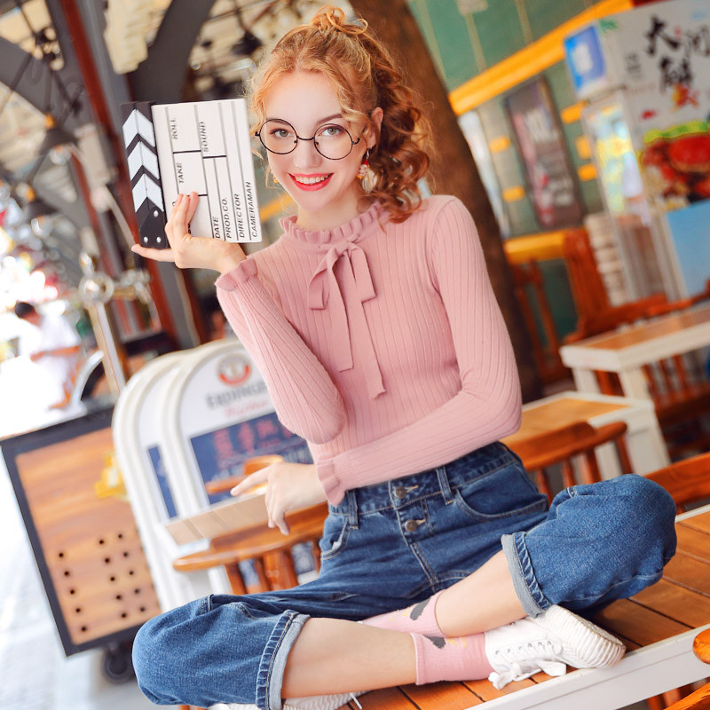 蝴蝶结毛衣女2019秋季新款粉色内搭长袖针织衫修身上衣白色打底衫 M 暗粉色