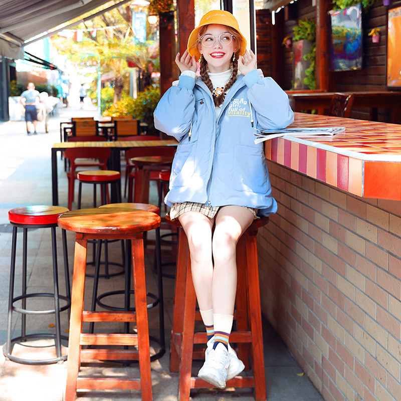2019冬季新款小个子棒球羽绒服女连帽宽松休闲短款外套学生面包服 L 蓝色