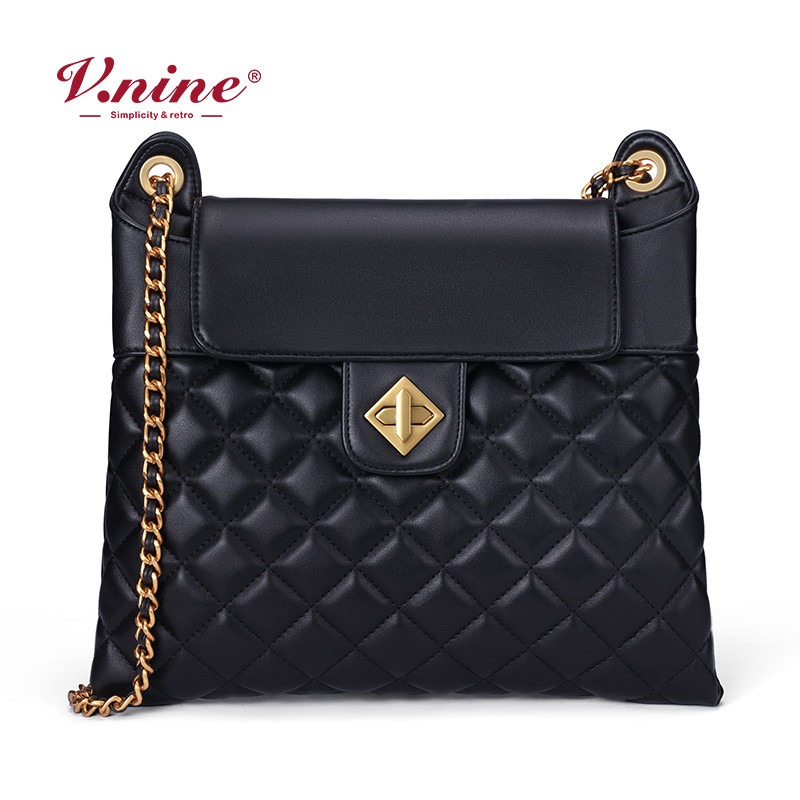 第九城（V.NINE） 包包女新款2019时尚菱格斜跨包潮韩版百搭单肩包链条女包夏季 黑色
