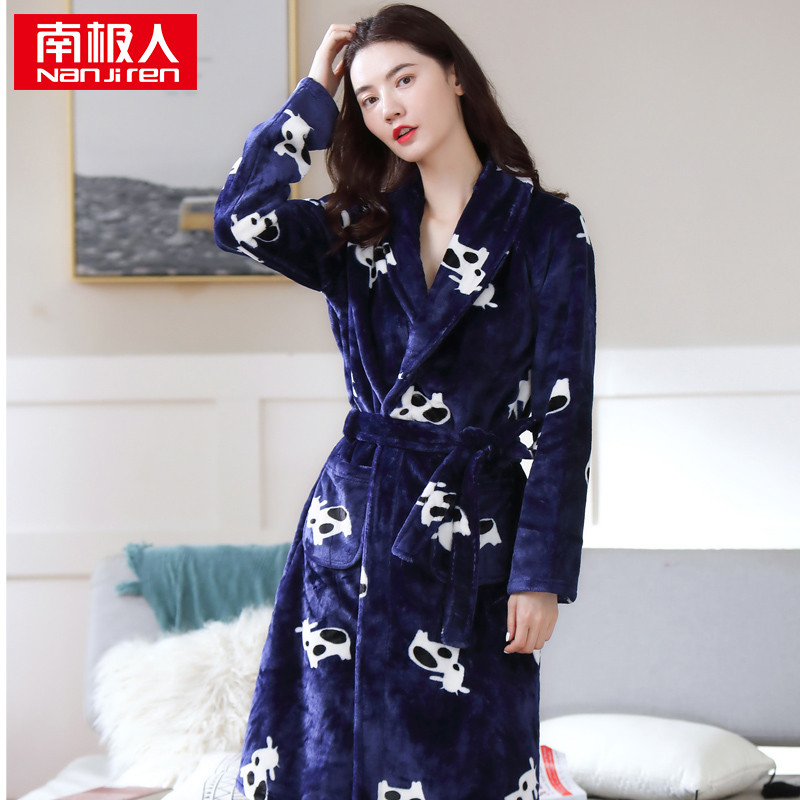 南极人女士冬季法兰绒睡袍 藏青奶牛女袍 M