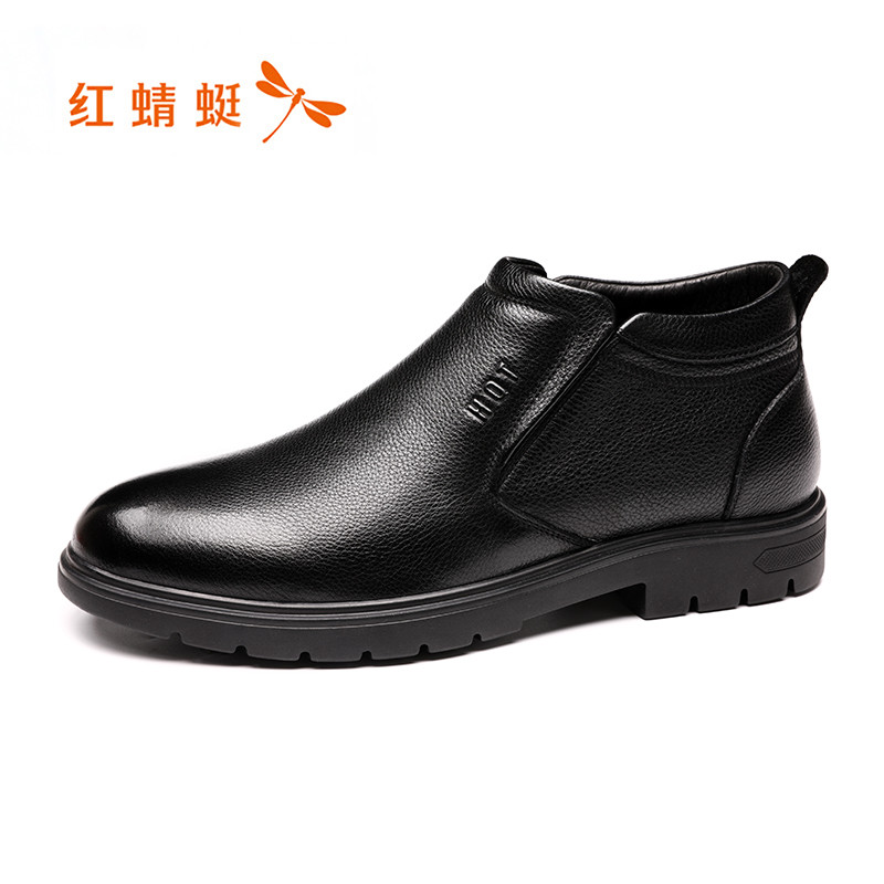 红蜻蜓男鞋2019冬季新款真皮商务休闲皮鞋加绒保暖户外防滑爸爸鞋 黑色 43码