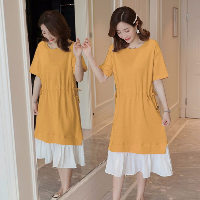 迪鲁奥（DILUAO)孕妇装夏装外出2019新款孕妇连衣裙中长款时尚潮妈孕妇裙子夏季宽松透气_974_425 黄色 XL