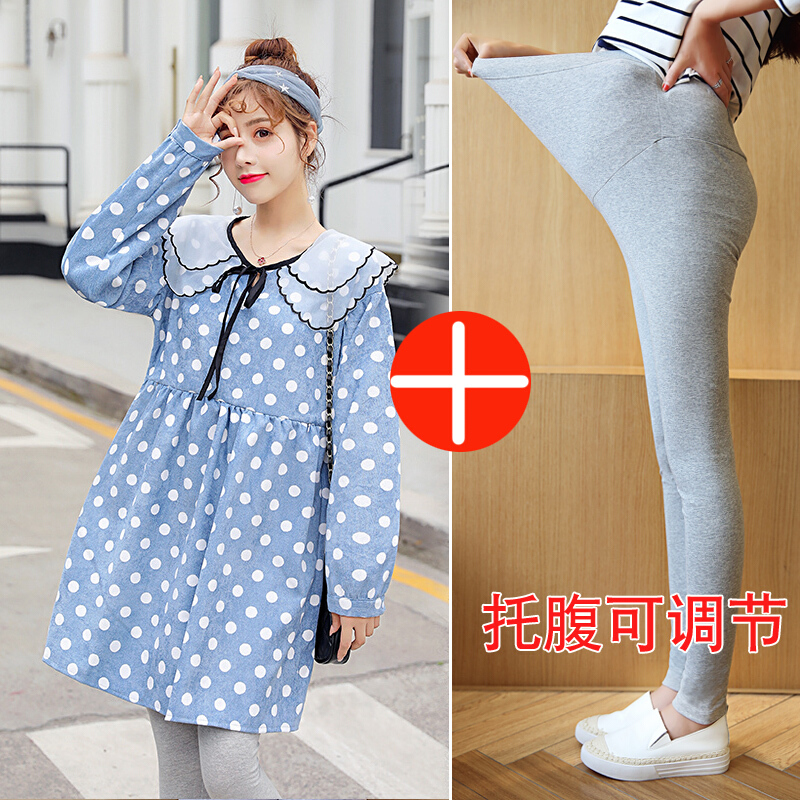 迪鲁奥（DILUAO)孕妇装秋装孕妇裙子哺乳连衣裙中长款外出哺乳衣长袖怀孕妇装上衣_678 蓝色裙子+浅灰裤子 L