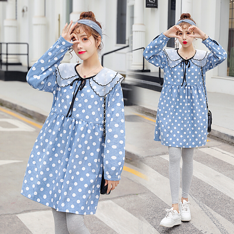 迪鲁奥（DILUAO)孕妇装秋装孕妇裙子哺乳连衣裙中长款外出哺乳衣长袖怀孕妇装上衣_678 蓝色---裙子 M