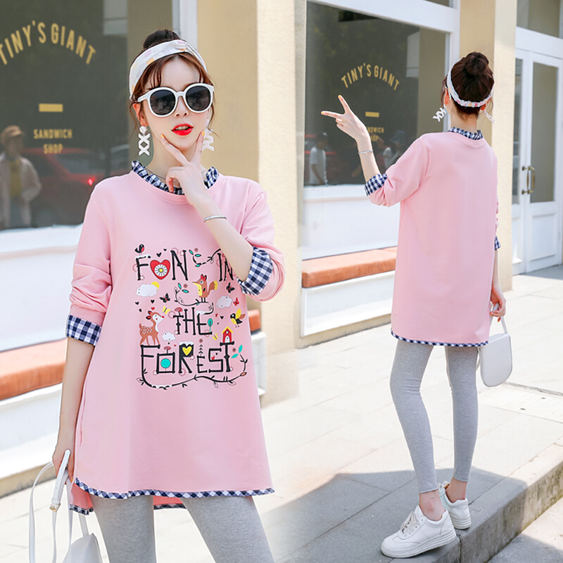 迪鲁奥（DILUAO)孕妇装秋装套装时尚款2019新款韩版春秋季两件套装外出长袖上衣T恤 粉色---上衣 XXL