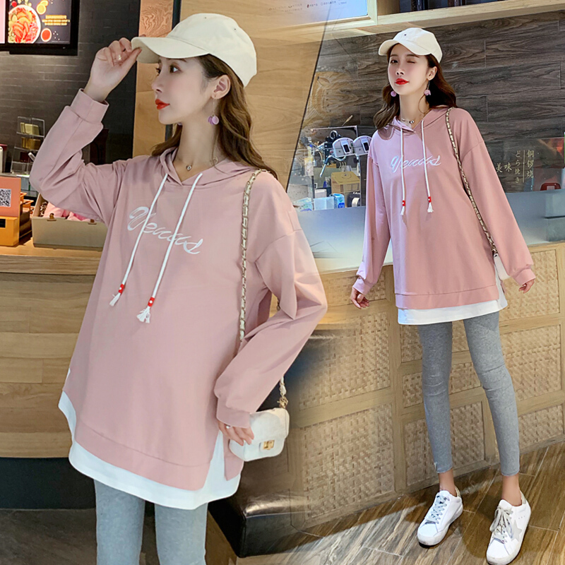 迪鲁奥（DILUAO)孕妇装秋装时尚套装长袖T恤宽松外出2019新款韩版两件套连帽孕妇上衣 单件上衣---粉色 L
