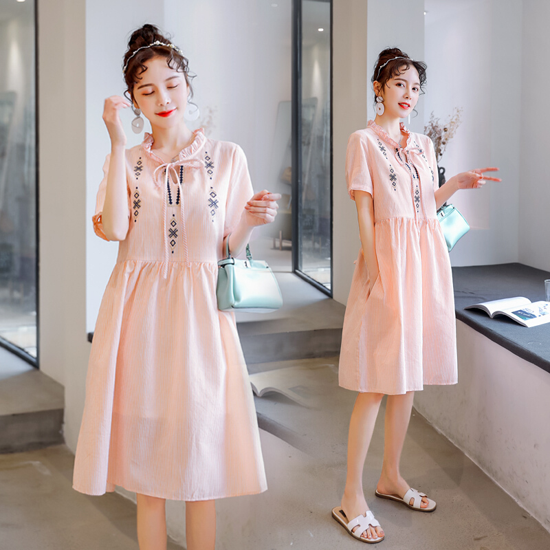 迪鲁奥（DILUAO)新款孕妇连衣裙2019夏韩版短袖孕妇裙中长款孕妇连衣裙夏季裙子_953 橘色--裙子 L