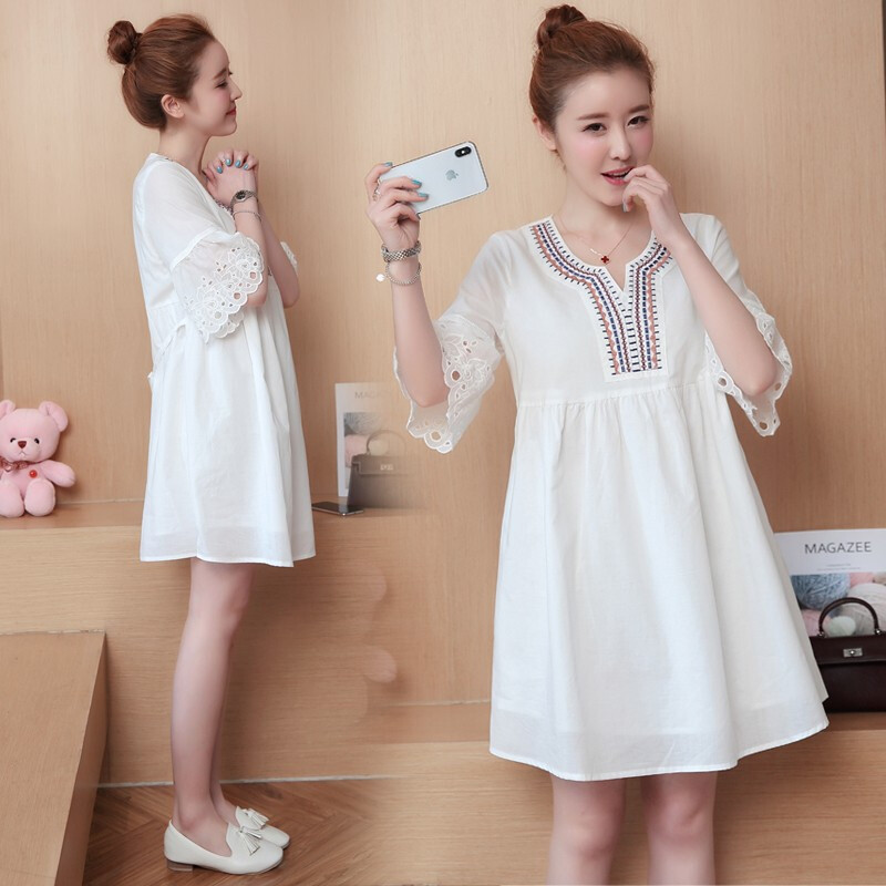 迪鲁奥（DILUAO)孕妇装夏装连衣裙新款孕妇裙时尚2019中长款纯棉夏季上衣外出服_329 178裙+肤色安全裤 L