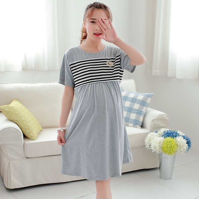 迪鲁奥（DILUAO)短袖孕妇裙夏季薄纯棉月子裙产后外出哺乳裙宽松喂奶裙大码连衣裙_127 灰条裙【可外穿】 M