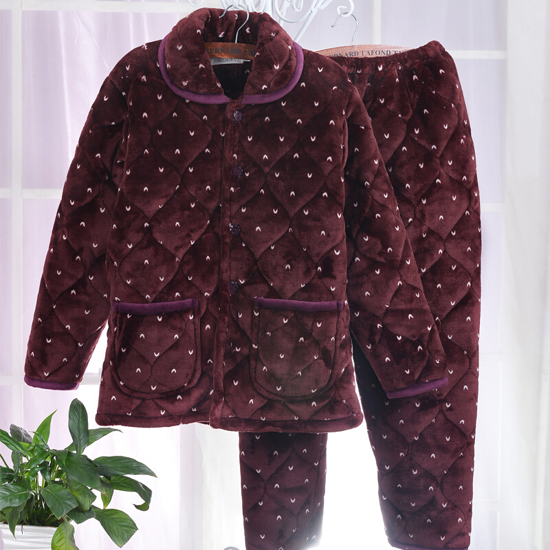 迪鲁奥（DILUAO)女冬季夹棉加厚睡衣纯棉月子服法兰绒夹棉三层保暖家居服套装睡袄_521 满天星 XXL建议体重130-150