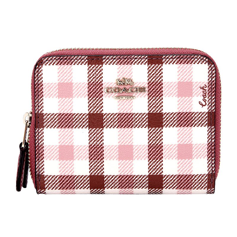 COACH 蔻驰 奢侈品 女士粉色格子拼色人造革短款钱包钱夹 F76753 IMP5P 粉色格子拼色