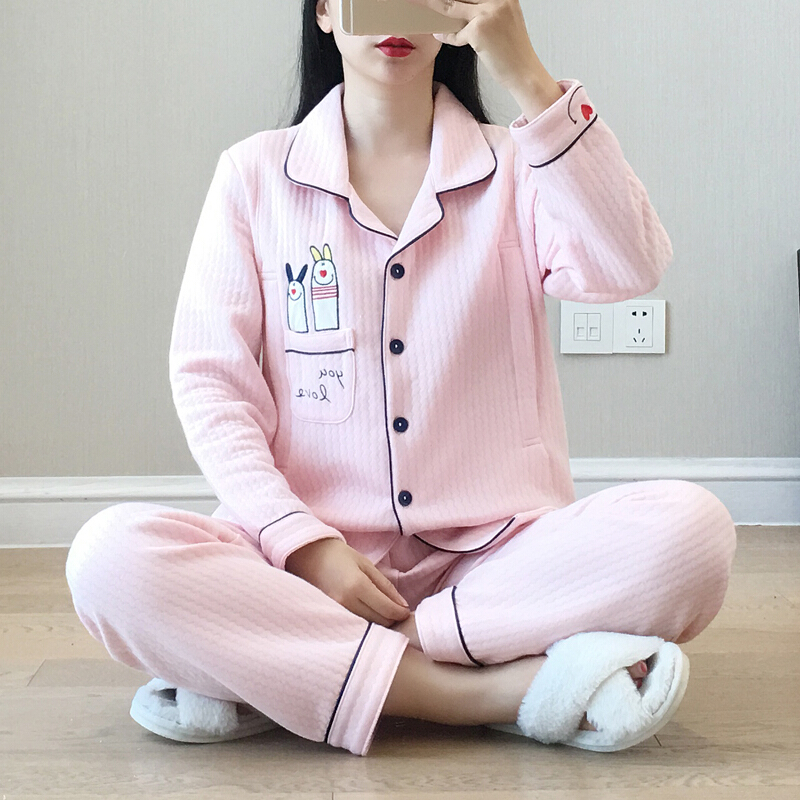迪鲁奥（DILUAO)月子服秋冬季产后哺乳秋季夹棉加厚保暖纯棉喂奶衣空气棉产妇睡衣_633 笑脸兔子粉色 L【建议产后125-145斤】