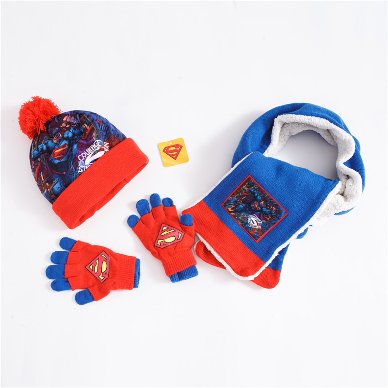 迪鲁奥（DILUAO)圣诞节新年儿童蜘蛛侠帽子手套围巾三件套男孩宝秋冬保暖 蓝色护耳套装蜘蛛侠 4-8岁 蓝色-加厚超人 默认尺寸