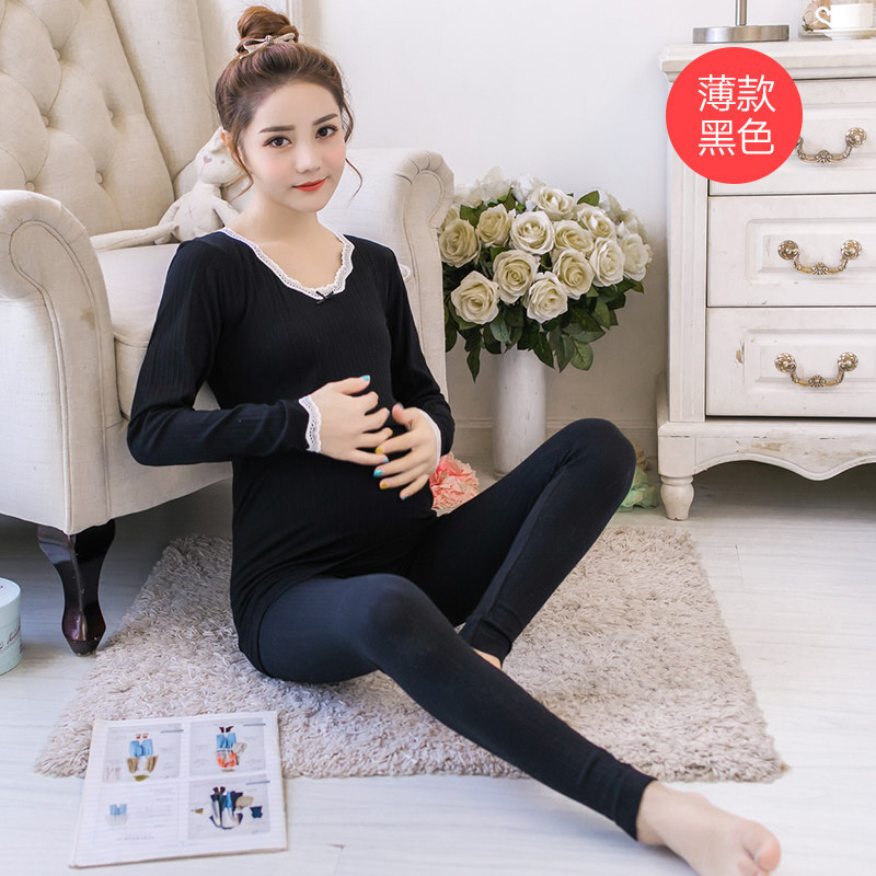 迪鲁奥（DILUAO)孕妇秋衣秋裤套装产后哺乳怀孕期喂奶加绒加厚美体睡衣保暖内衣冬 薄款黑色 均码_443 薄款黑色 默认尺寸