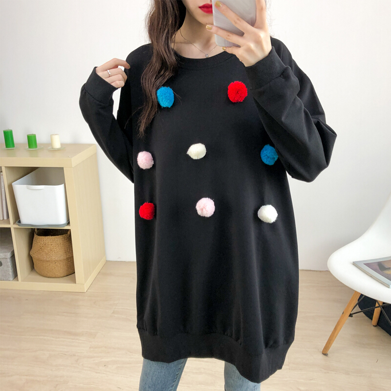 迪鲁奥（DILUAO)孕妇卫衣春秋季2019新款长袖中长款小毛球打底衣韩版大码宽松上衣 黑色 XXL