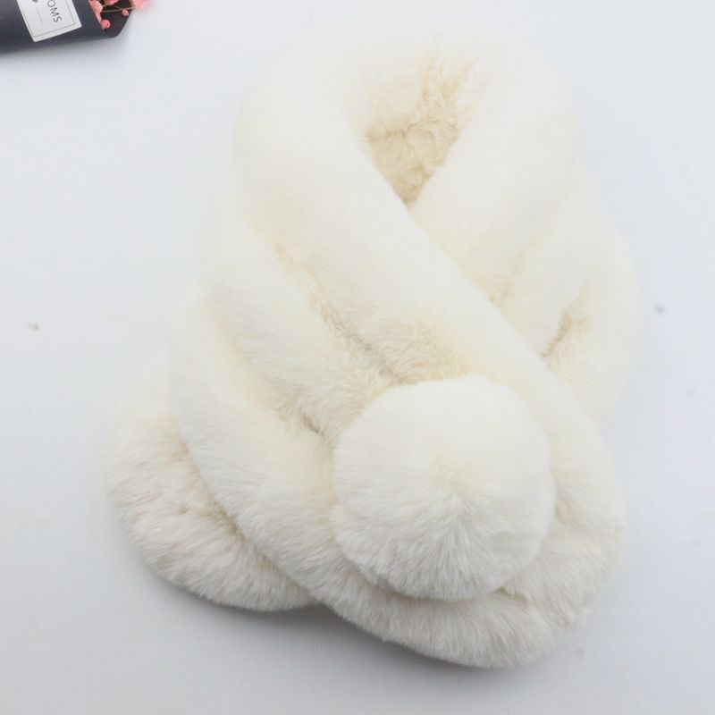 迪鲁奥（DILUAO)獭兔毛围巾女冬季韩版百搭加厚保暖儿童脖套懒濑兔毛球仿皮围脖 米白色 默认尺寸