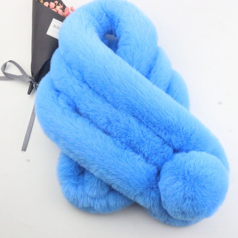 迪鲁奥（DILUAO)獭兔毛围巾女冬季韩版百搭加厚保暖儿童脖套懒濑兔毛球仿皮围脖 天蓝色 默认尺寸