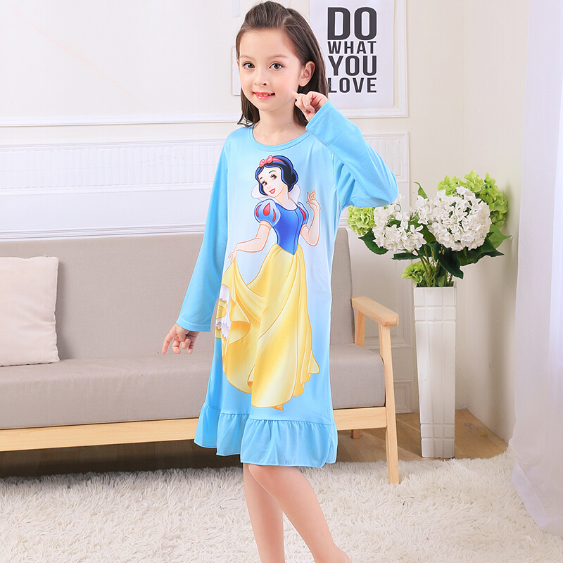 迪鲁奥（DILUAO)春季儿童长袖睡裙女童纯棉睡衣卡通白雪公主裙子冰雪奇缘秋季童装 蓝色一白雪公主 10码100-110cm