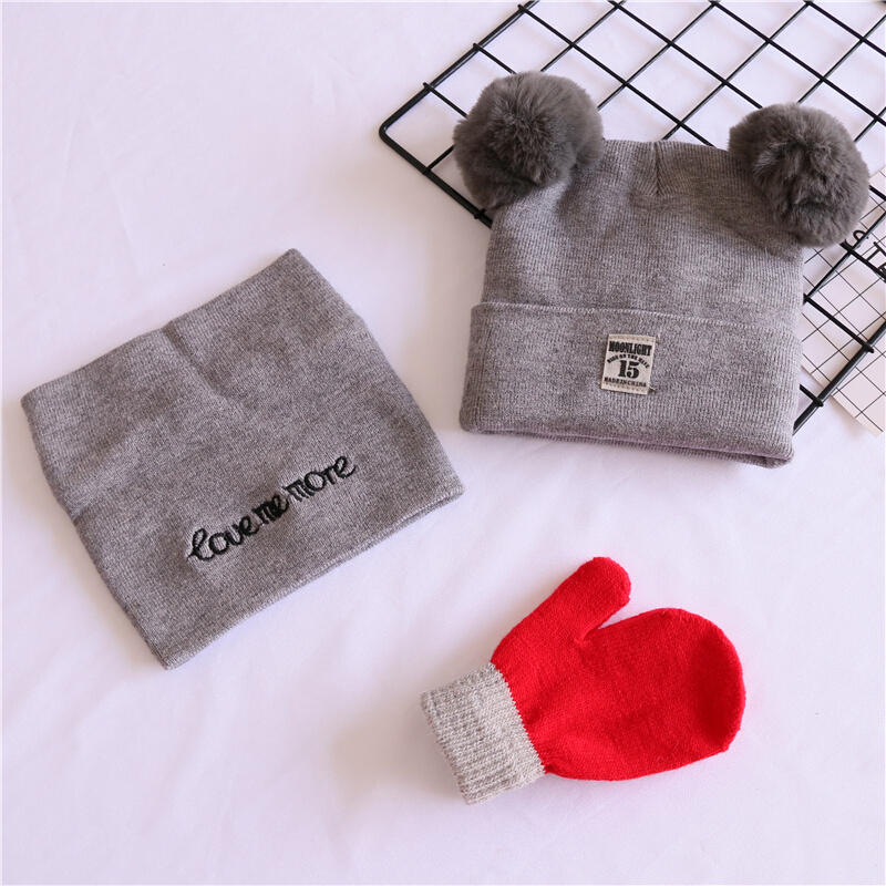 迪鲁奥（DILUAO)三件套儿童毛线帽子围巾秋冬男女童婴儿宝宝纯棉保暖套头针织帽潮 灰色15贴标+灰巾+红手套 1-3岁