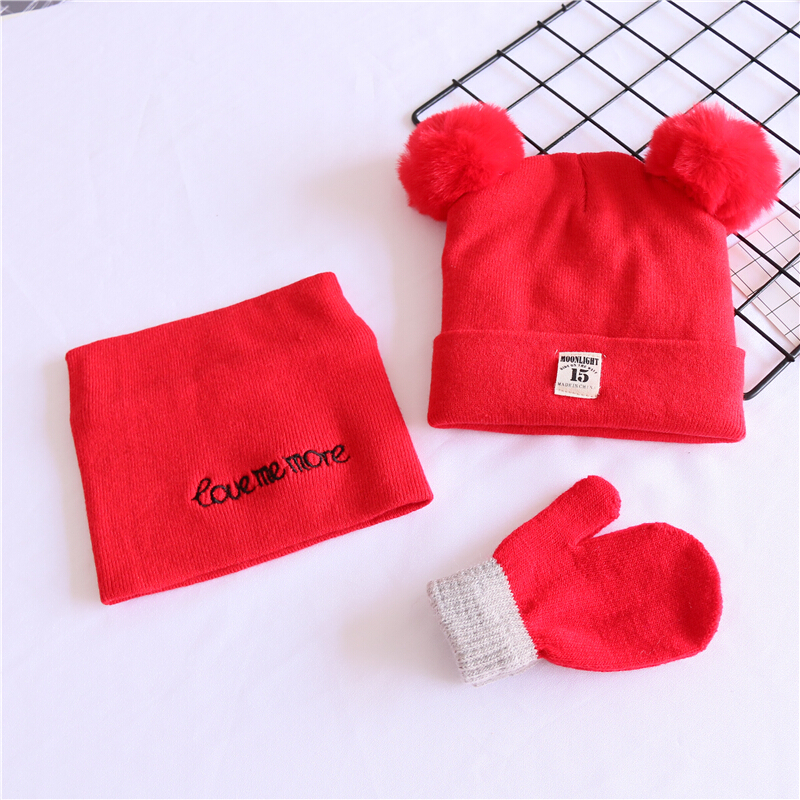 迪鲁奥（DILUAO)三件套儿童毛线帽子围巾秋冬男女童婴儿宝宝纯棉保暖套头针织帽潮 红色15贴标+红巾+红手套 4-10岁