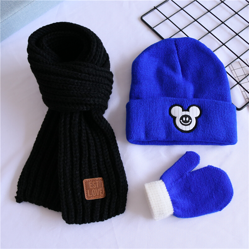 迪鲁奥（DILUAO)三件套儿童毛线帽子围巾秋冬男女童婴儿宝宝纯棉保暖套头针织帽潮 蓝色米奇头+黑巾+蓝手套 1-3岁