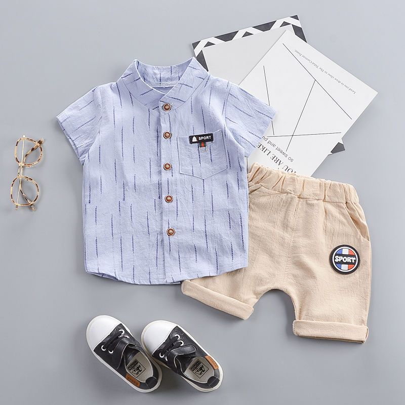 迪鲁奥（DILUAO)男童套装夏装 儿童套装婴幼儿童短袖衬衫宝宝小孩衣服两件套1-3-5岁F210-_580 竖条兰色 100建议身高85-95cm