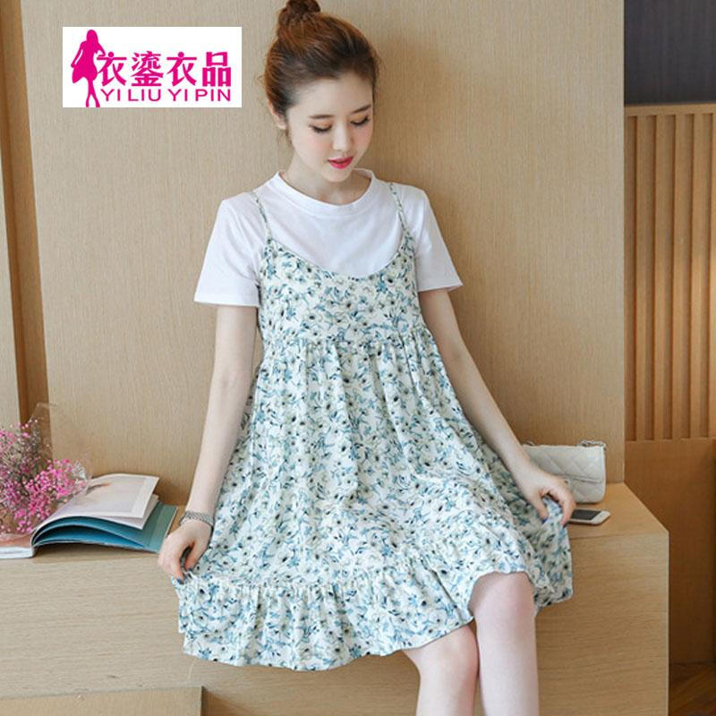 迪鲁奥（DILUAO)孕妇装夏装2019夏装新款碎花孕妇裙休闲T恤孕妇背带裤大码孕妇套装宽松孕妇连衣裙_900 白色碎花 XL建议125-140斤