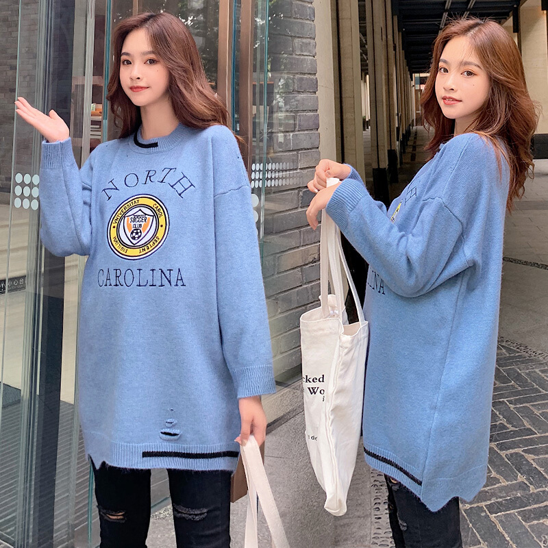 迪鲁奥（DILUAO)孕妇装秋装毛衣女套头新款秋季宽松毛线衣针织衫 蓝色 均码【适合约90-160斤】_893 米色 默认尺寸