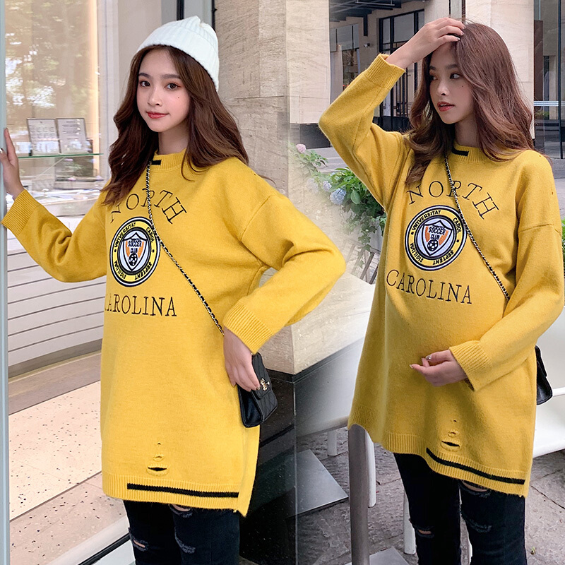 迪鲁奥（DILUAO)孕妇装秋装毛衣女套头新款秋季宽松毛线衣针织衫 蓝色 均码【适合约90-160斤】_893 黄色 默认尺寸