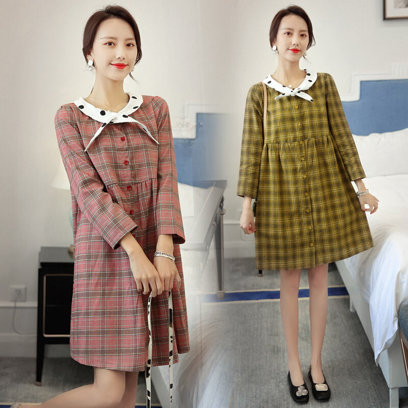 迪鲁奥（DILUAO)孕妇装秋装纯棉套装新款时尚孕妇连衣裙中长款上衣宽松韩版长袖孕妇裙子_829_561 红色裙子 XL【适合约140-160斤】