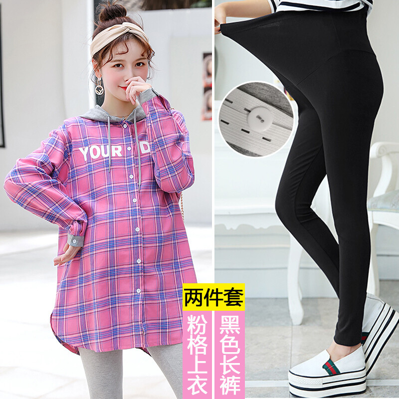迪鲁奥（DILUAO)孕妇装秋装棉质长袖衬衣格子外穿秋装新款中长款连帽上衣外套怀孕期_315 粉格上衣+黑色长裤 XXL【适合约145-160斤】