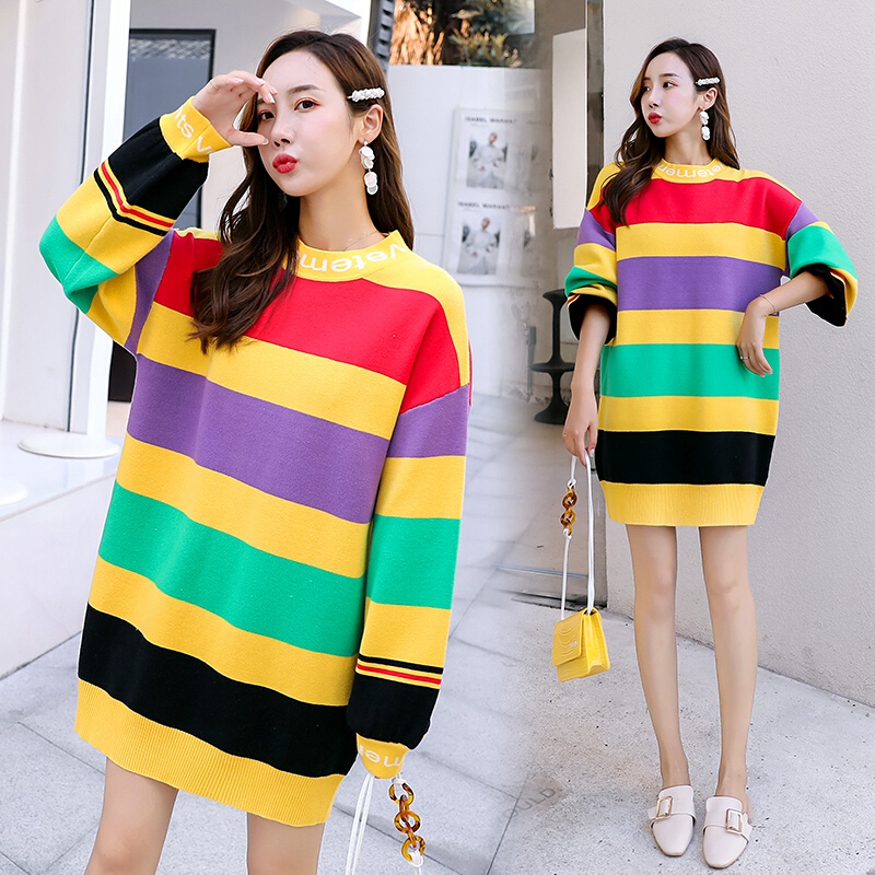 迪鲁奥（DILUAO)孕妇装秋装毛衣秋季遮肉彩虹条纹宽松中长款长袖针织衫套装怀孕期 黑色 均码【适合约90-16_13 黄色 默认尺寸