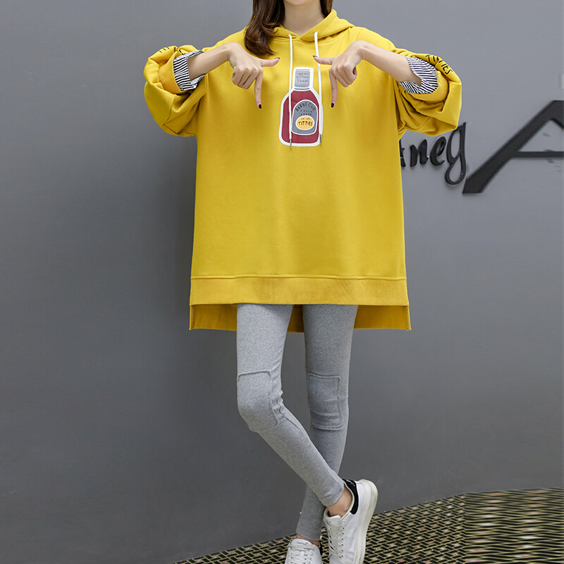 迪鲁奥（DILUAO) 孕妇装套装秋季韩版2019新款宽松连帽卡通图案中长款上衣+托腹裤两件套 黄色上衣+灰色托腹裤 L(建议体重110-125斤)
