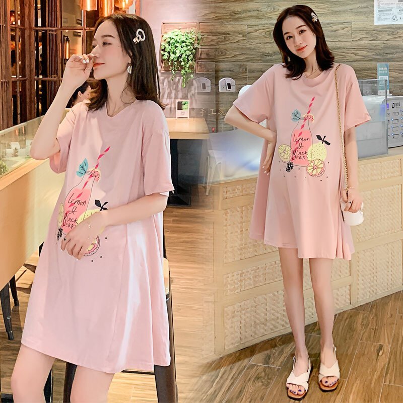 迪鲁奥（DILUAO) 孕妇装连衣裙夏季纯棉宽松中长款大码短袖夏装上衣T恤孕妇裙_555 粉色 XL(建议体重125-140斤)