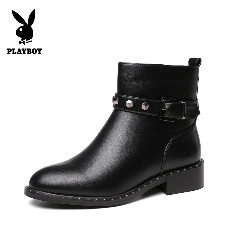 PLAYBOY/花花公子冬季加绒纯色休闲韩版侧拉链设计圆头粗跟时尚网红瘦瘦短靴女G13699268 黑色 37码