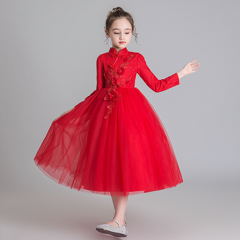 迪鲁奥（DILUAO)儿童公主裙秋冬款女童礼服裙婚纱蓬蓬长裙2019中国风长袖连衣裙子 粉色加绒 120cm