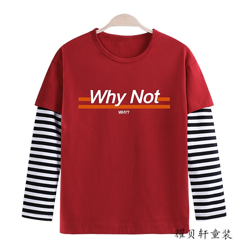 迪鲁奥（DILUAO)男童长袖T恤秋装2019新款儿童假两件打底衫韩版中大童小学生上衣 枪红色WhyNot条纹袖长T 110cm(建议身高101-110cm)