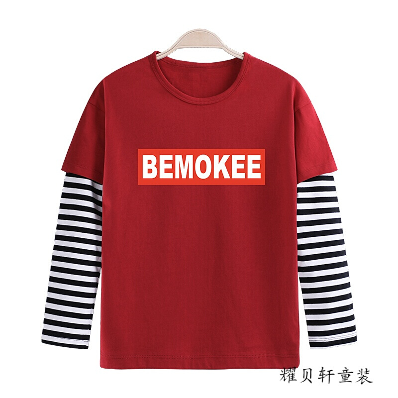 迪鲁奥（DILUAO)男童长袖T恤秋装2019新款儿童打底衫假两件中大童小学生洋气韩版 西瓜红红色BEMOKEE长T 130cm(建议身高121-130cm)