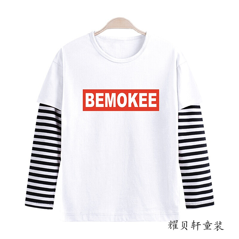 迪鲁奥（DILUAO)男童长袖T恤秋装2019新款儿童打底衫假两件中大童小学生洋气韩版 乳白色红色BEMOKEE长T 140cm(建议身高131-140cm)