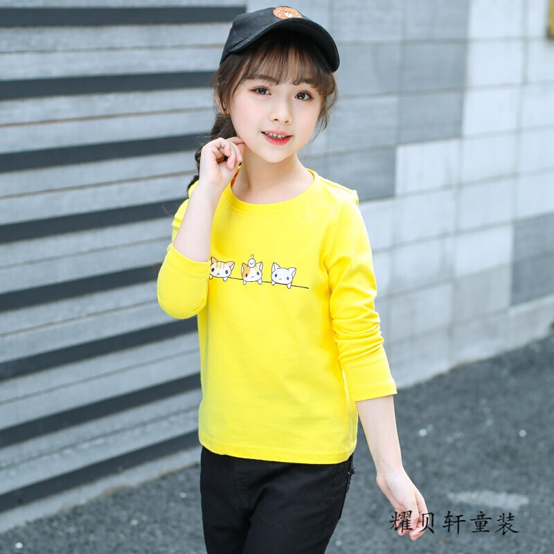 迪鲁奥（DILUAO)2019新款童装女童打底衫女孩长袖T恤宝宝上衣儿童体恤春夏装 三只猫黄 140cm(140cm【3件领券减5元】)