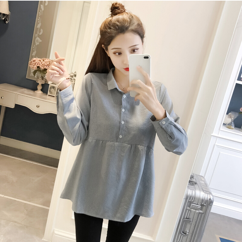 迪鲁奥（DILUAO)孕妇装套装时尚款2019新款秋装孕妇衬衫外出潮妈娃娃衫上衣两件套 天蓝色(单件上衣) XL